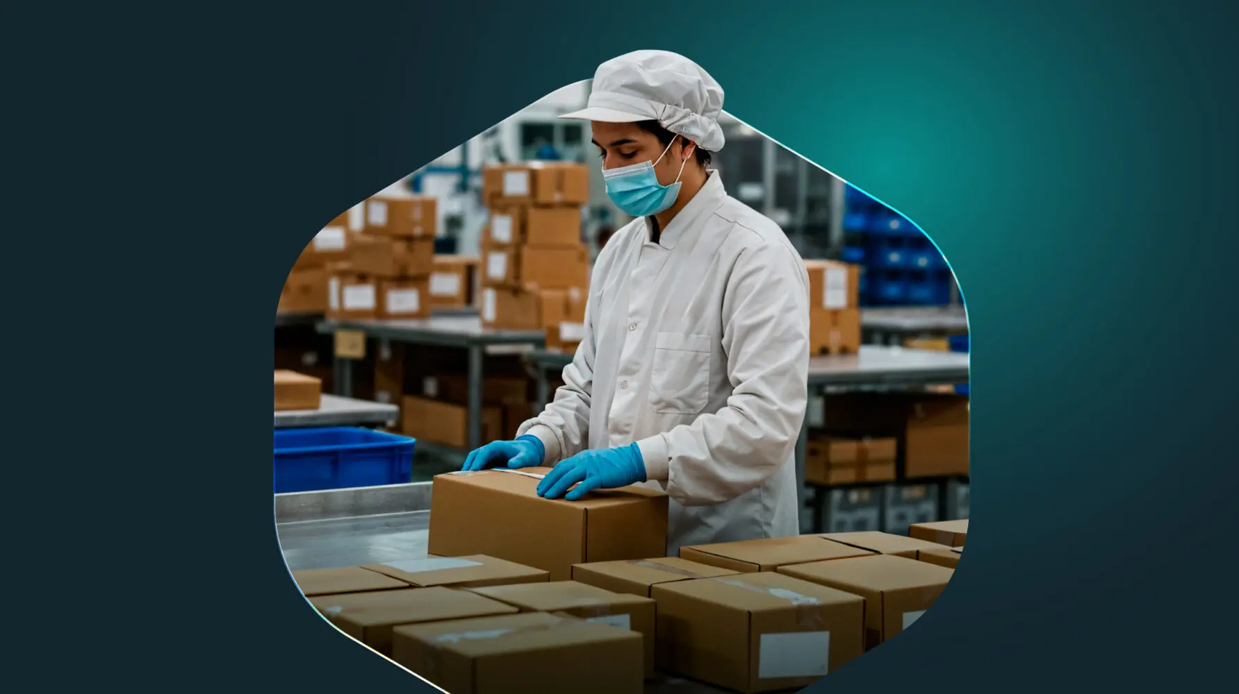 A person in a white lab coat, mask, and blue gloves handles a brown cardboard box on a conveyor belt in a factory.