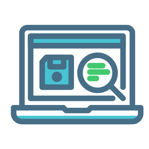 Adherent (formerly Compliance & Risks). Laptop icon with a floppy disk and a magnifying glass over text lines on its screen.
