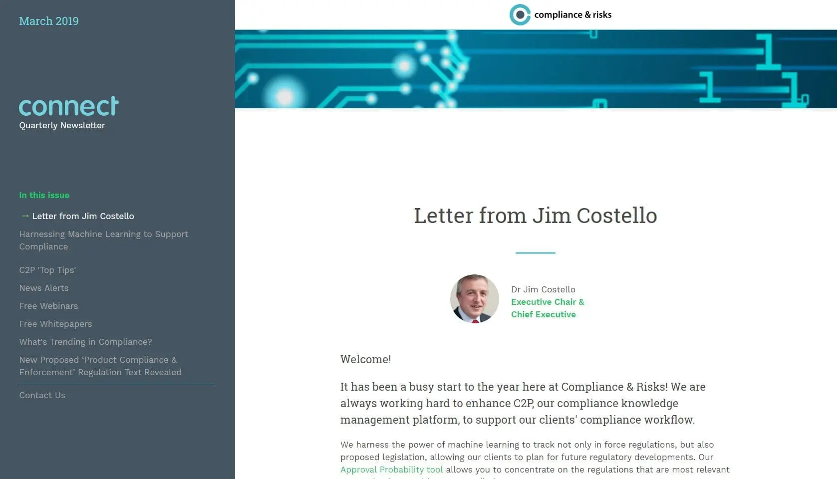 Adherent (formerly Compliance & Risks). A digital newsletter titled 'connect Quarterly Newsletter' from March 2019. It features a letter from Dr. Jim Costello, Executive Chair & Chief Executive of Compliance & Risks, and a table of contents including topics on machine learning and compliance.