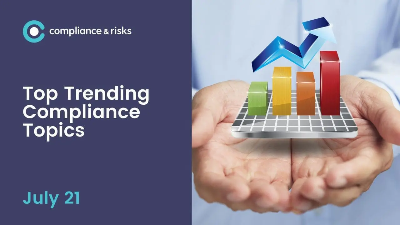Adherent (formerly Compliance & Risks). A person's hands hold a 3D bar chart with increasing bars and an upward-pointing blue arrow, next to text "Top Trending Compliance Topics July 21" and the "compliance & risks" logo.