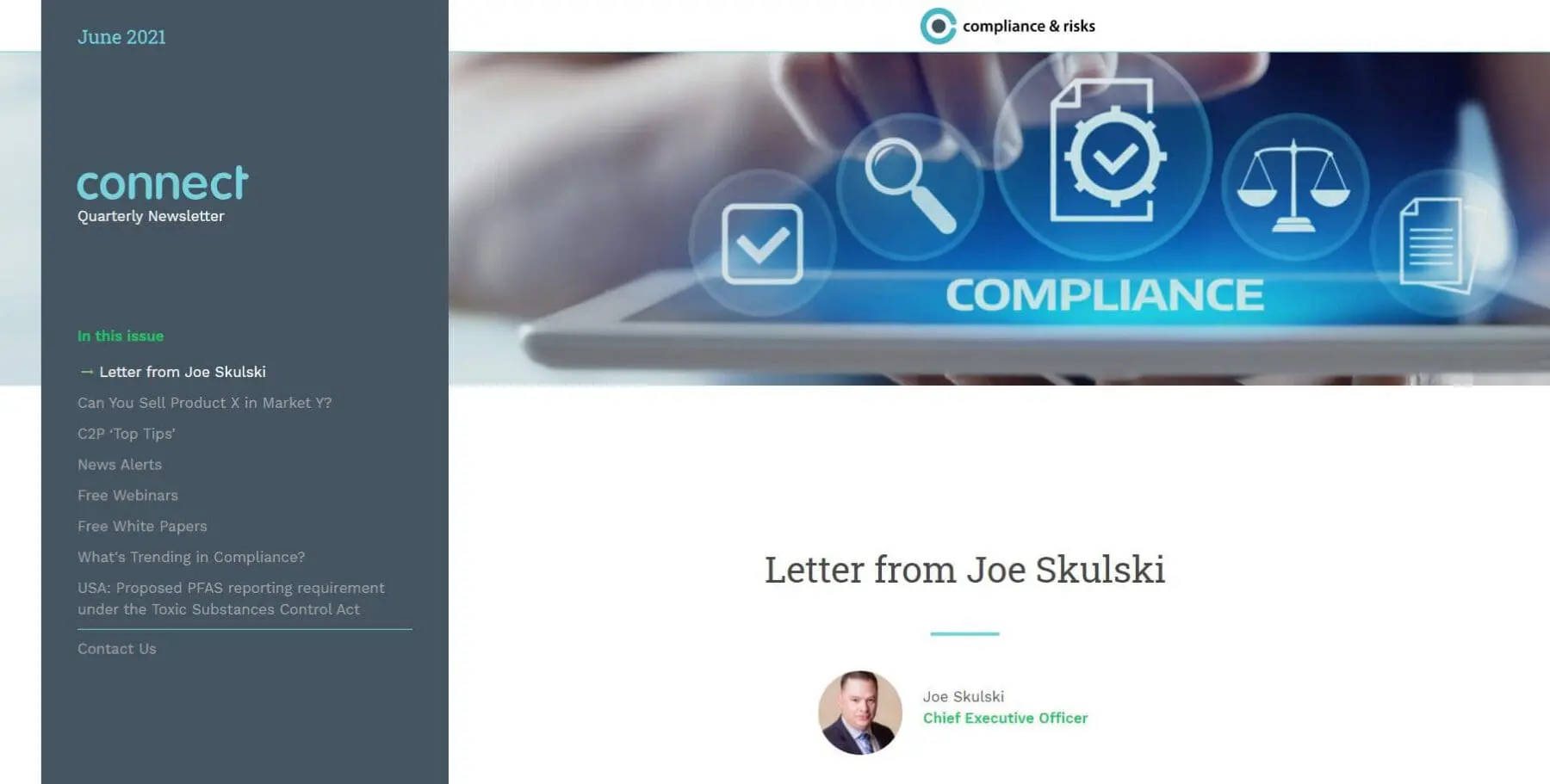 Adherent (formerly Compliance & Risks). Screenshot of the 'connect Quarterly Newsletter' for June 2021. It features a header image with compliance-related icons and the word 'COMPLIANCE', and a section titled 'Letter from Joe Skulski' with his profile picture and title as Chief Executive Officer.