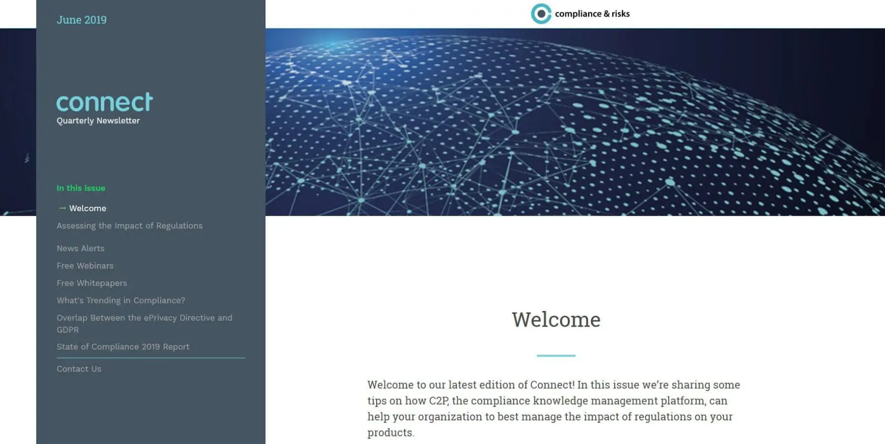 Adherent (formerly Compliance & Risks). Screenshot of a 'connect Quarterly Newsletter' webpage from June 2019, showing a table of contents, a network graphic, and a welcome message about compliance and regulations.