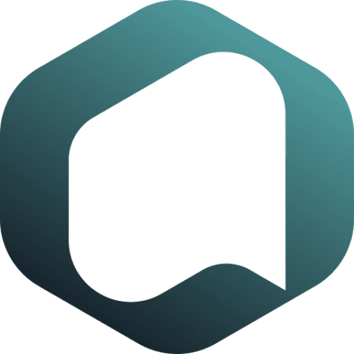 Abstract teal gradient geometric logo with a curved, closed loop design on a black background.