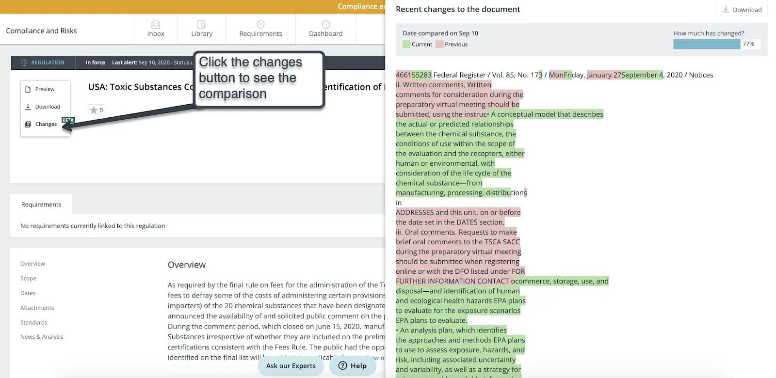 Screenshot of a software interface showing a document comparison. The 'Changes' button is highlighted, and the right panel displays text with green (added) and red (removed) highlights, indicating 77% change in the document.