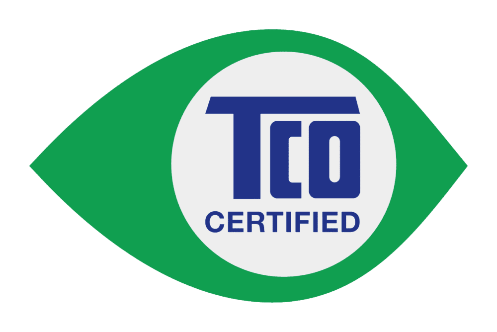 TCO Certified logo, featuring a green eye-shaped design with 'TCO' in large blue letters and 'CERTIFIED' below it, all on a white circle.