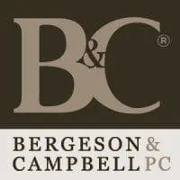 Logo for Bergeson & Campbell PC, showing a stylized B&C monogram in light taupe on a dark olive-brown background, with the full company name 'BERGESON & CAMPBELL PC' below on a light taupe background.
