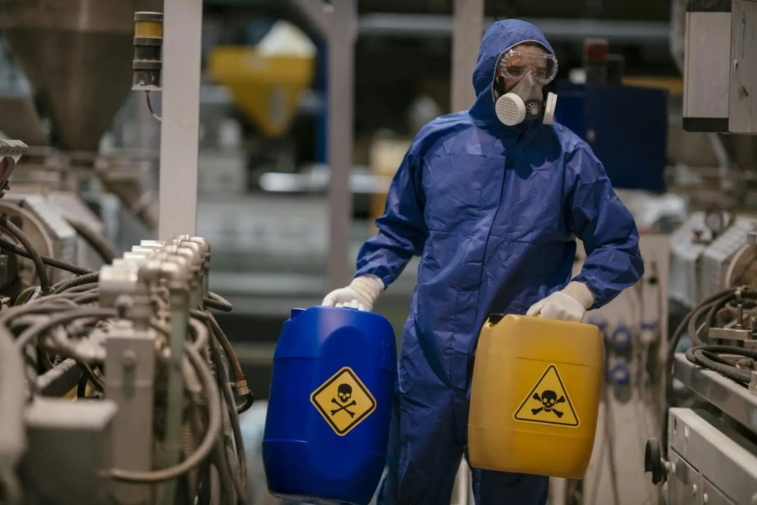 Adherent (formerly Compliance & Risks). A person in a blue hazmat suit, goggles, and respirator holds a blue and a yellow container, both marked with skull and crossbones symbols, in an industrial setting.