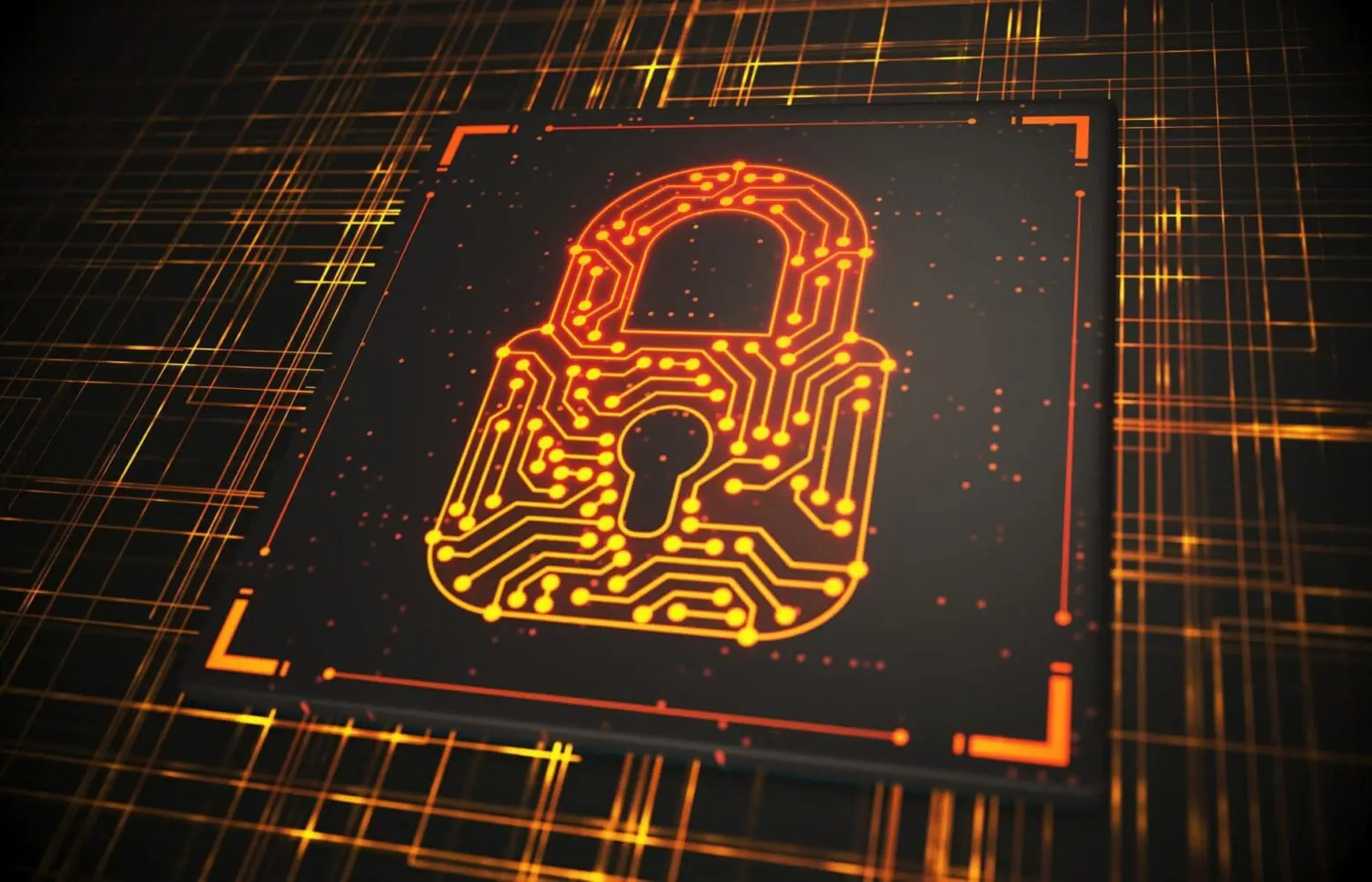 Adherent (formerly Compliance & Risks). A glowing orange circuit board padlock icon on a dark digital background with grid lines, symbolizing cybersecurity.