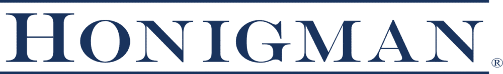 Honigman logo in dark blue serif font on a dark green background, framed by thin blue lines, with a registered trademark symbol.
