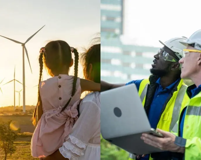 A split image. Left: A child held by an adult looks at wind turbines at sunset. Right: Two engineers in hard hats and vests look up, one holding a laptop.