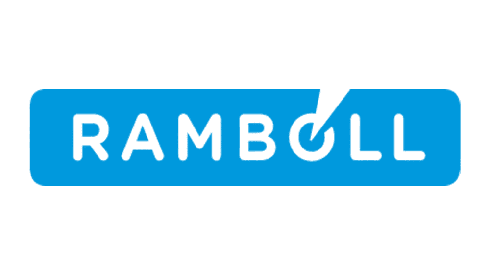 The RAMBOLL logo, featuring the company name in dark text on a bright blue rounded rectangle. The letter 'O' has a diagonal cut through it.