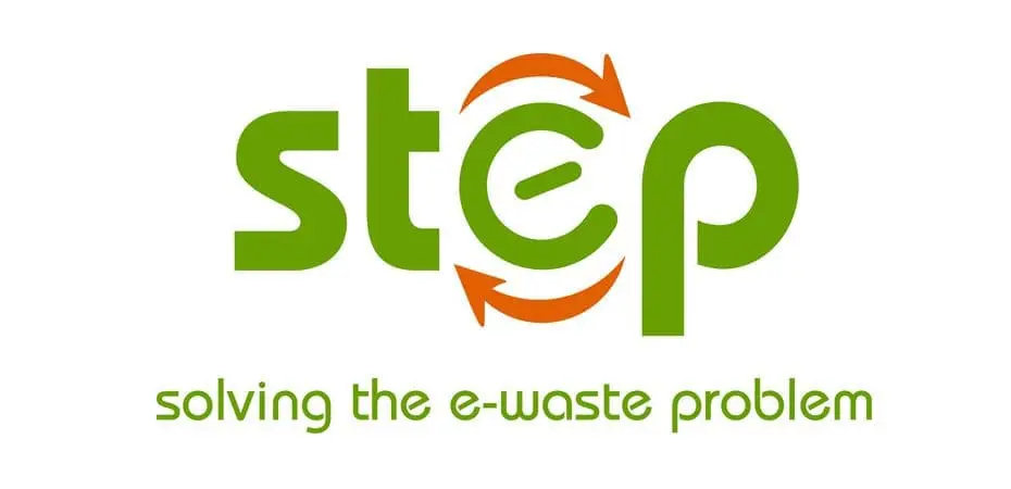 Logo for 'st€p'. The word 'st€p' is in green, with the 'e' stylized as a power button symbol encircled by orange recycling arrows. Below it, the tagline reads 'solving the e-waste problem'.