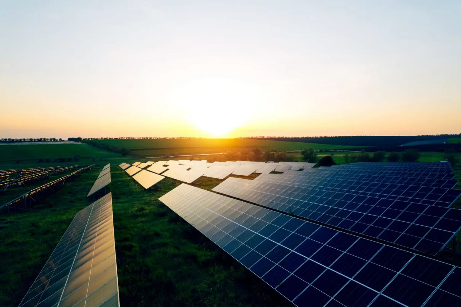 Adherent (formerly Compliance & Risks). Aerial view of a solar panel farm in a green field at sunset, with the sun's golden light reflecting off some panels.