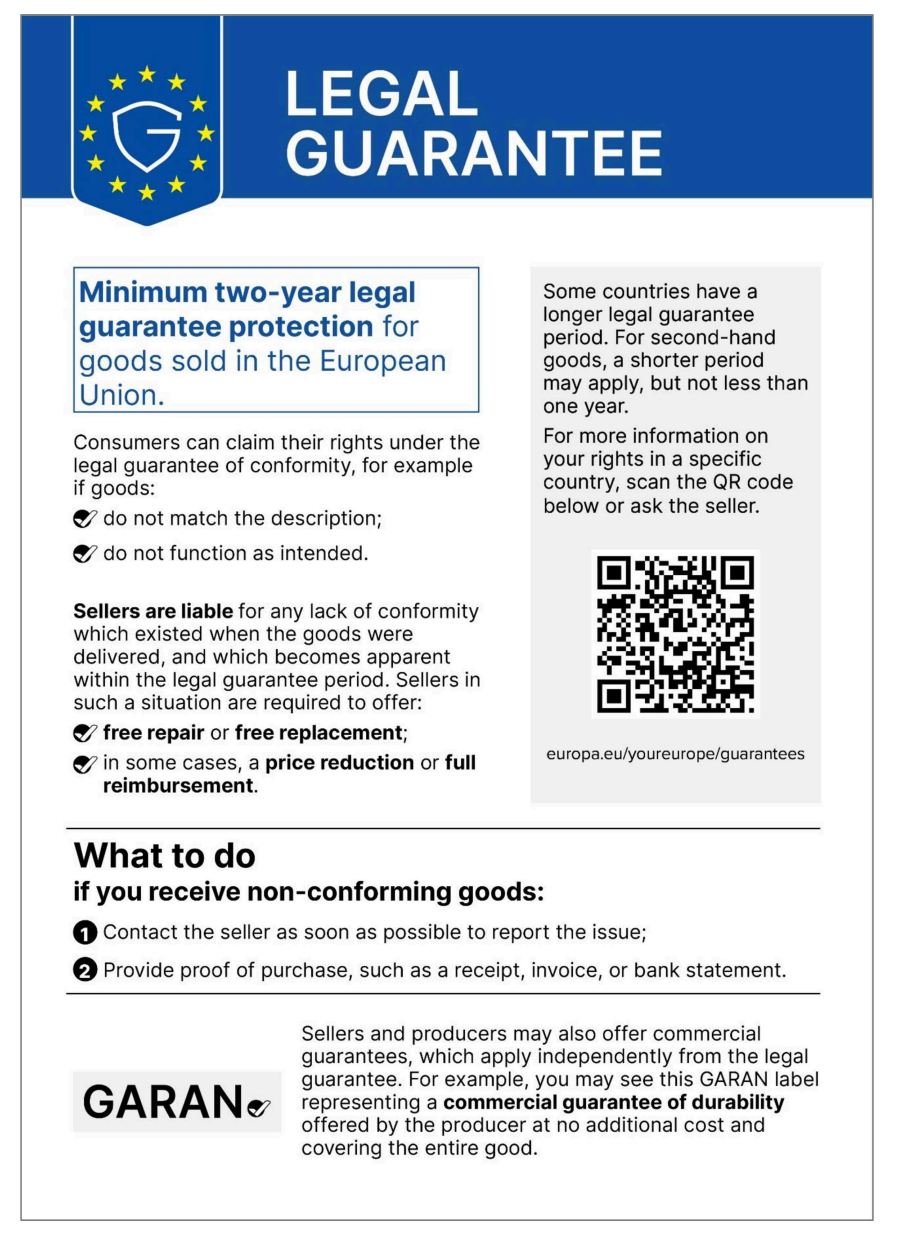 An infographic titled 'LEGAL GUARANTEE' with the EU flag, explaining consumer rights for goods sold in the European Union, including a minimum two-year guarantee, seller liabilities, and steps for non-conforming goods. A QR code and 'GARAN' logo are also visible.