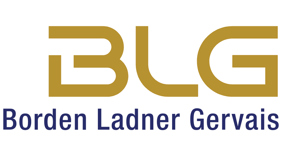 Logo for Borden Ladner Gervais, featuring a stylized golden "BLG" acronym above the full company name in dark blue text on a white background.