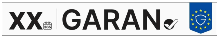 Logo with 'XX' and a 365-day calendar icon, followed by 'GARAN' with a checkmark, and a blue shield emblem with stars and a 'G'.