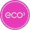 Circular eco³ logo in white on a fuchsia background with a binary code pattern border.