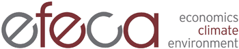 efeca logo with 'economics', 'climate', and 'environment' stacked vertically to the right. The text uses alternating grey and deep red colors.