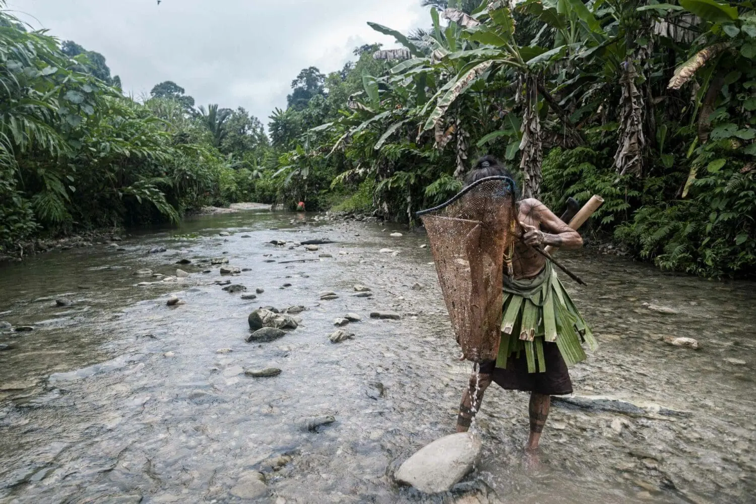 Adherent (formerly Compliance & Risks). An indigenous person with tattoos and a leaf skirt wades through a rocky river, carrying a woven net basket and a wooden staff, surrounded by dense jungle.