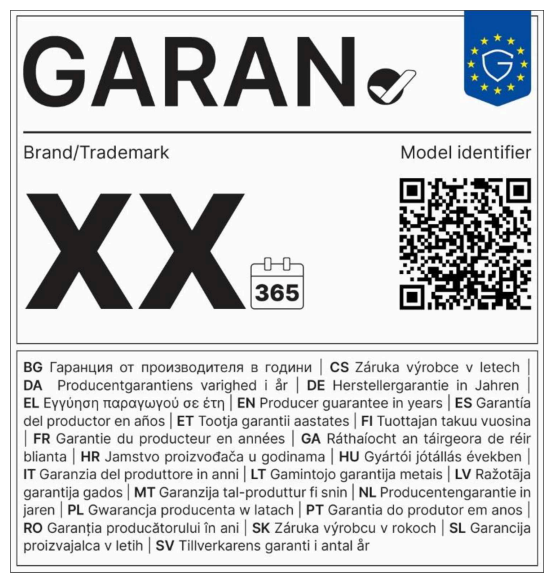 Product label with "GARAN", EU flag, "Brand/Trademark", "Model identifier", "XX", "365" days calendar icon, QR code, and multilingual producer guarantee text.