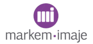Markem-Imaje logo on a dark green background. The logo features a purple circle with a white abstract 'mi' design, above the dark gray text 'markem • imaje' with a purple dot.