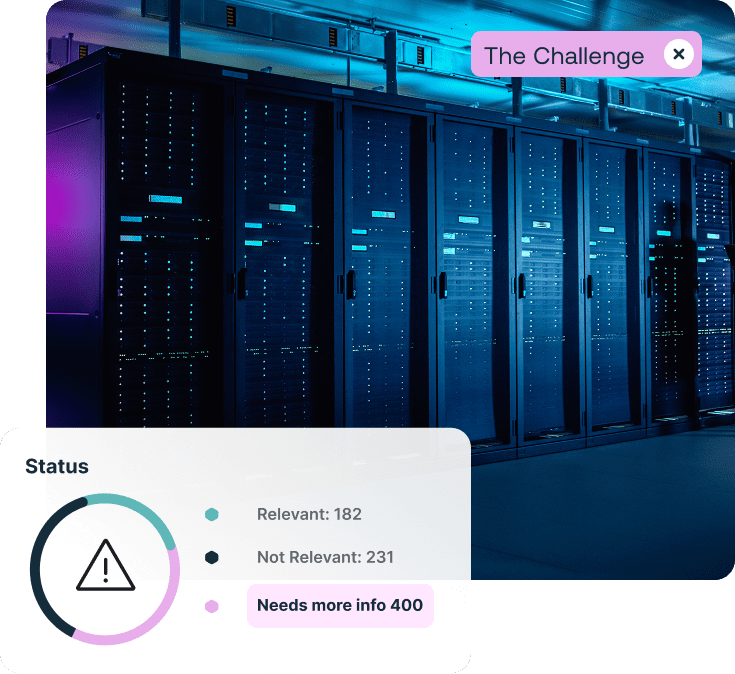 A data center with server racks under blue and purple lights. Overlaid are two UI elements: a pink banner saying "The Challenge" and a "Status" box with a warning icon, showing "Relevant: 182", "Not Relevant: 231", and "Needs more info 400".
