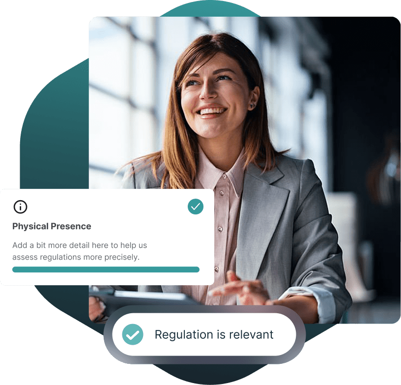 A smiling woman in a grey blazer looks up and to the right. Overlaid UI elements show 'Physical Presence' with a progress bar and 'Regulation is relevant' with checkmarks, suggesting a digital compliance or assessment tool.