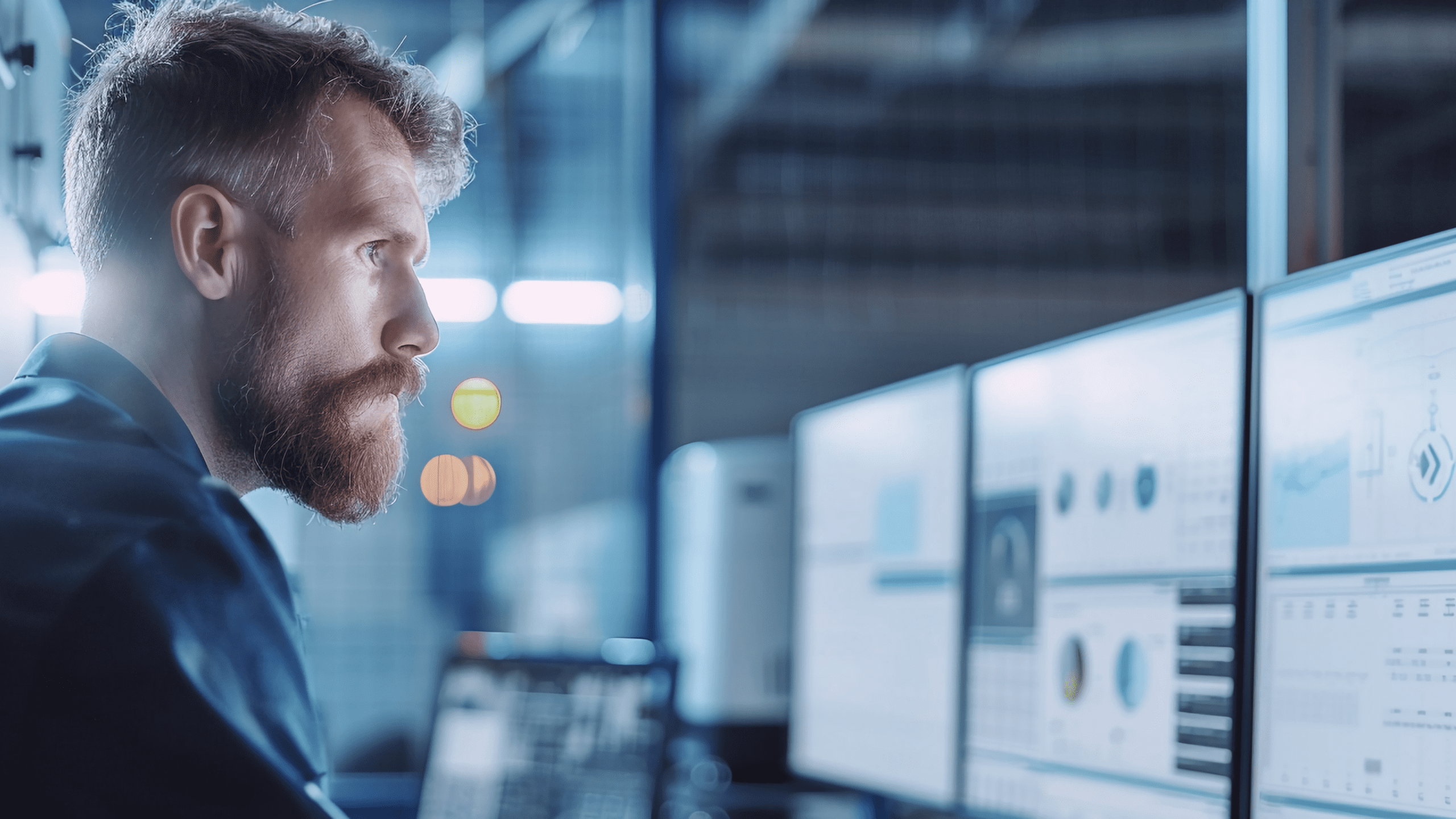 Profile of a bearded man intently looking at multiple computer monitors displaying data visualizations in a control room setting.