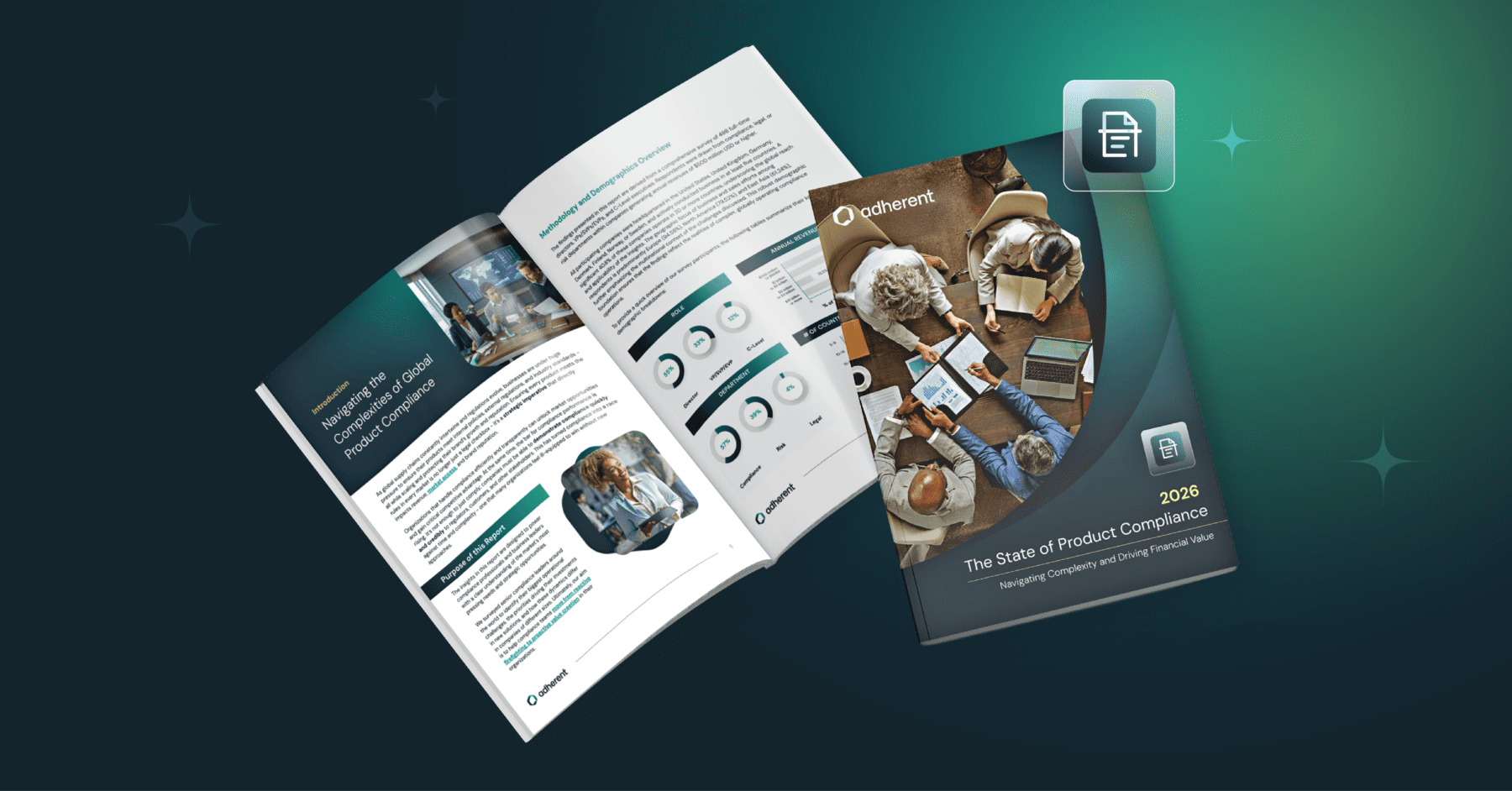 Adherent (formerly Compliance & Risks). Two business reports on a dark green background. One is open, showing text, charts, and an image of a woman. The other is closed, titled '2026 The State of Product Compliance' with an image of people in a meeting. A document icon floats above the closed report.