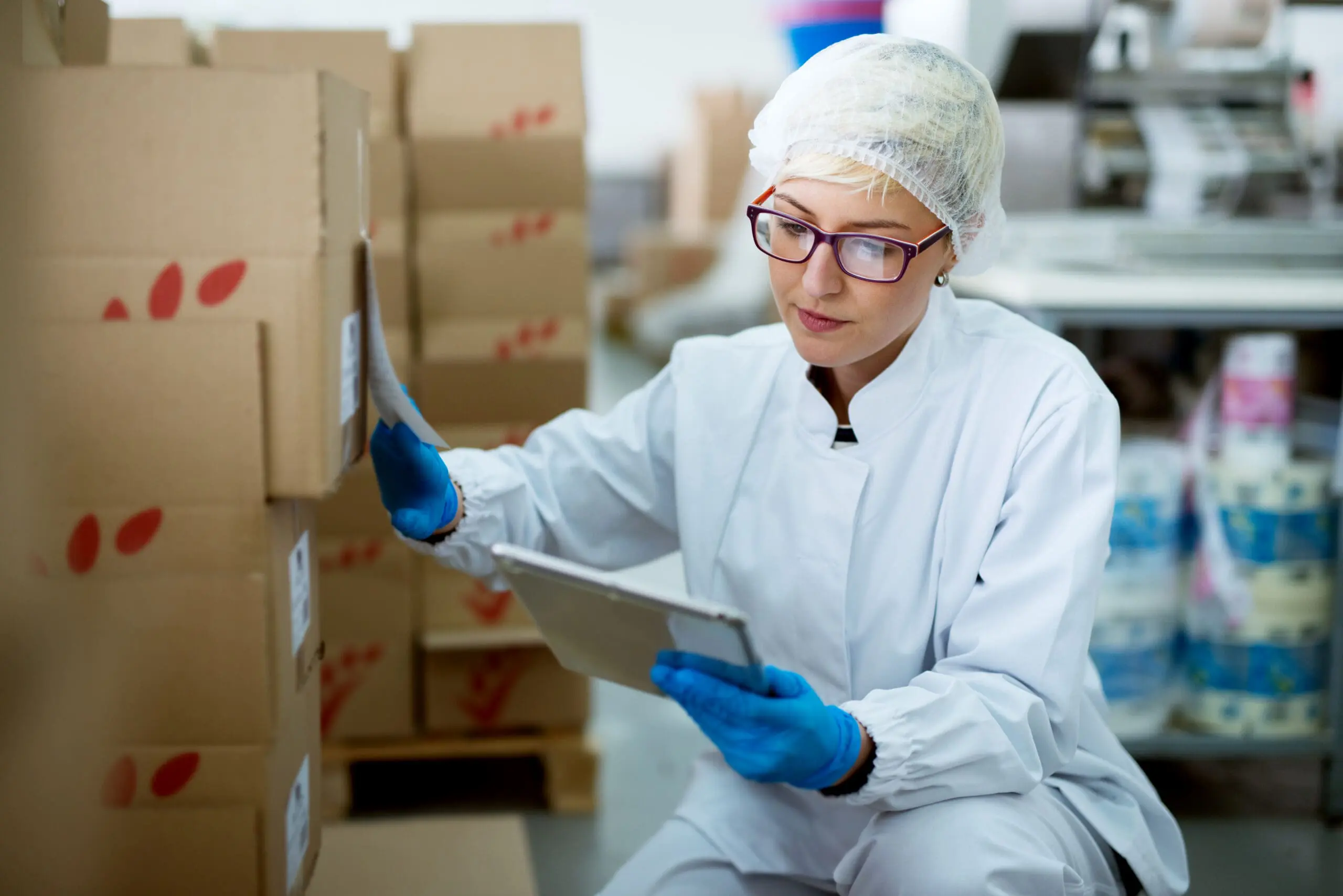 A woman in a white lab coat, hairnet, and blue gloves crouches, holding a tablet and inspecting a cardboard box in a warehouse.
