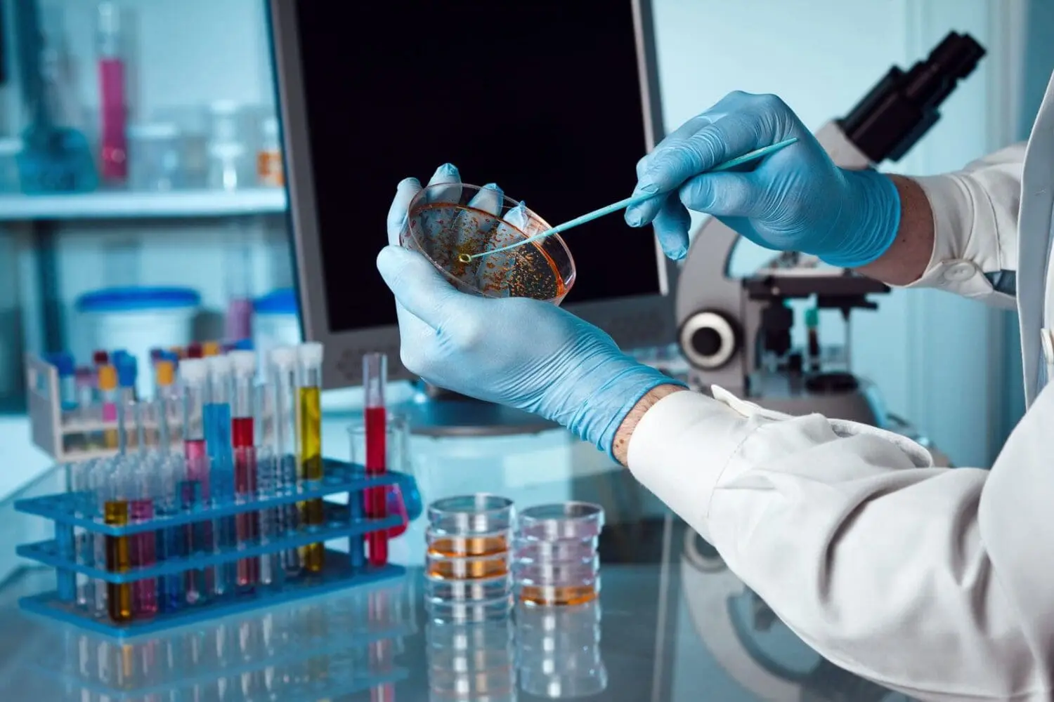 Adherent (formerly Compliance & Risks). Person in blue gloves examining a petri dish with a culture using an inoculating loop in a lab, with test tubes and equipment in the background.