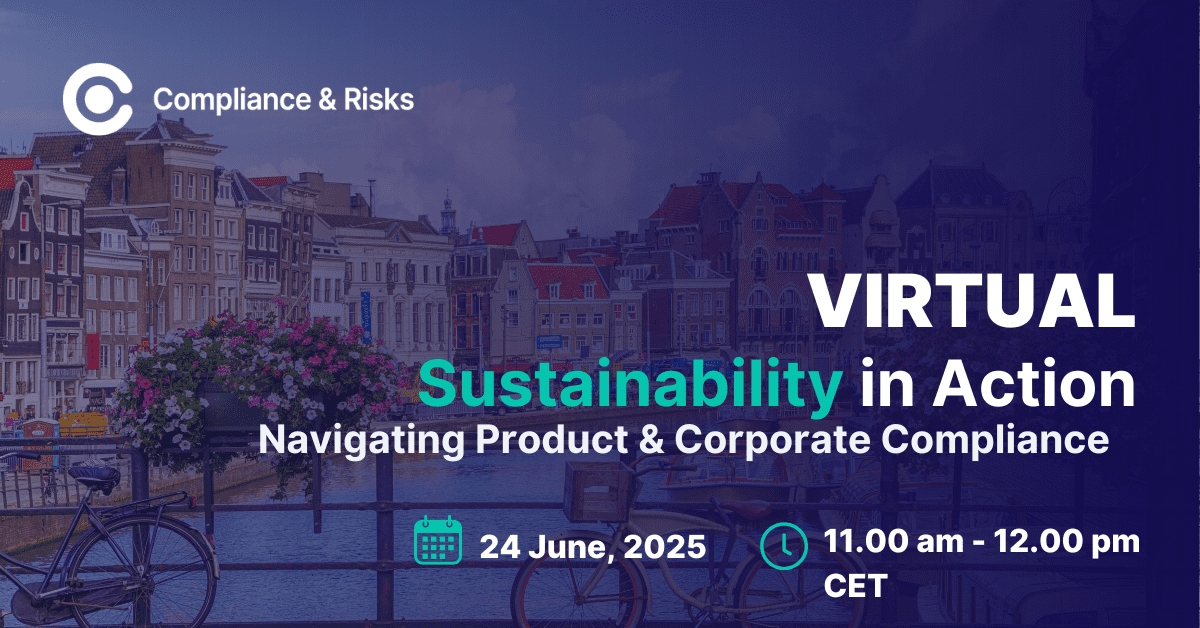 Adherent (formerly Compliance & Risks). Promotional graphic for a virtual event titled 'Sustainability in Action' by Compliance & Risks, scheduled for June 24, 2025, from 11:00 am to 12:00 pm CET. The background shows a European canal city with bicycles on a bridge.