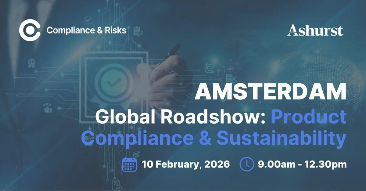 Adherent (formerly Compliance & Risks). Promotional banner for the Compliance & Risks and Ashurst Global Roadshow in Amsterdam on Product Compliance & Sustainability, scheduled for February 10, 2026, from 9:00 AM to 12:30 PM.