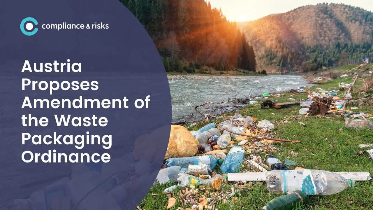 Adherent (formerly Compliance & Risks). A riverbank heavily littered with plastic bottles and debris, with a river and tree-covered mountains in the background. A blue overlay on the left reads: 'Austria Proposes Amendment of the Waste Packaging Ordinance' with the 'compliance & risks' logo.