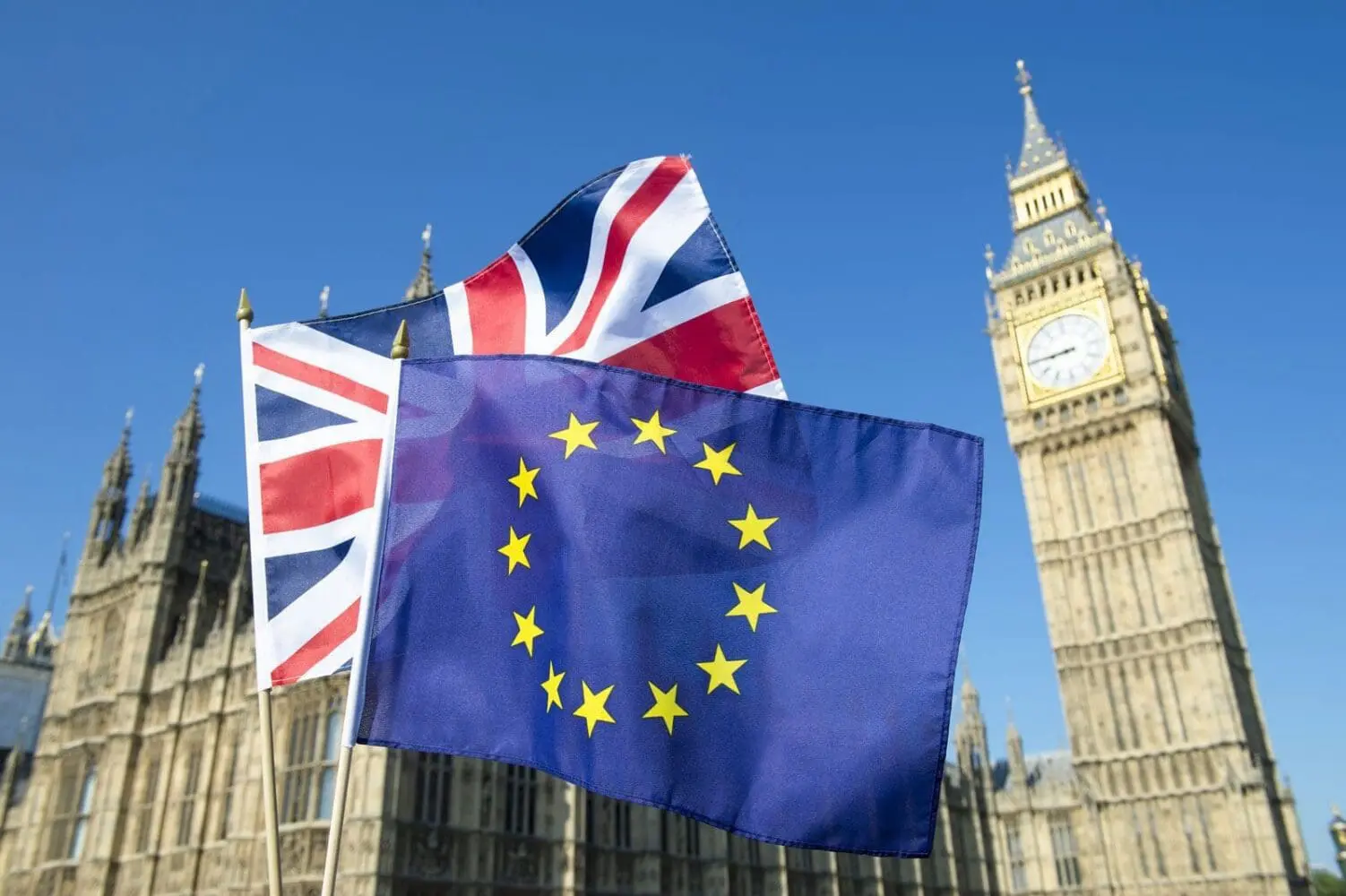 Adherent (formerly Compliance & Risks). The Union Jack and European Union flags waving in front of the Houses of Parliament and Big Ben under a clear blue sky.