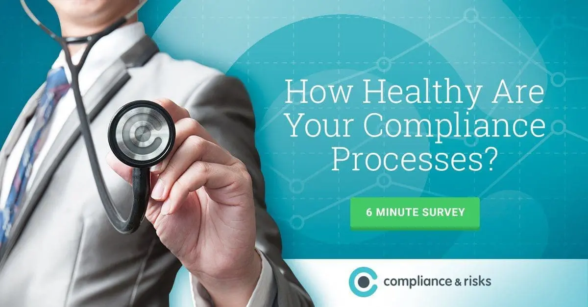 Adherent (formerly Compliance & Risks). A person in a suit holds a stethoscope, with text asking 'How Healthy Are Your Compliance Processes?' and a '6 MINUTE SURVEY' button, alongside the 'compliance & risks' logo.
