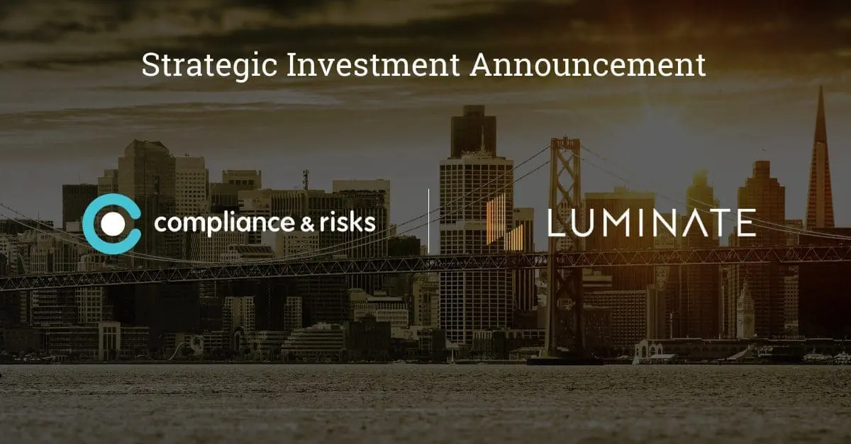 Text 'Strategic Investment Announcement' above logos for 'compliance & risks' and 'LUMINATE' over a dark cityscape with a bridge and water.