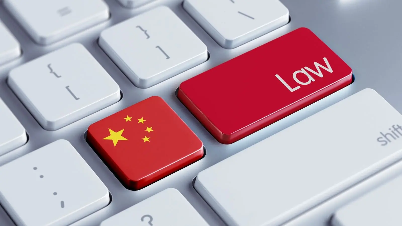 Adherent (formerly Compliance & Risks). A computer keyboard with a red key featuring the Chinese flag and another red key labeled 'Law'.
