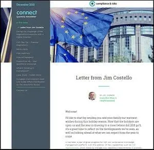 Adherent (formerly Compliance & Risks). Digital newsletter page showing a European Union flag, a letter from Jim Costello, and a menu on the left.