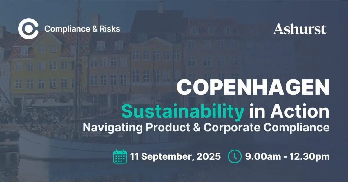 Adherent (formerly Compliance & Risks). Event announcement for 'Copenhagen Sustainability in Action' on September 11, 2025, from 9:00 AM to 12:30 PM, by Compliance & Risks and Ashurst, set against a backdrop of Nyhavn, Copenhagen.