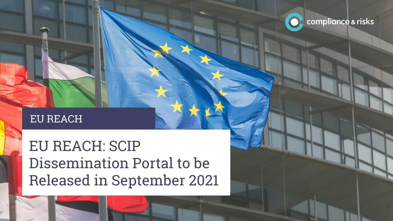 Adherent (formerly Compliance & Risks). European Union flag waving in front of a modern building, with text overlay about EU REACH: SCIP Dissemination Portal release.
