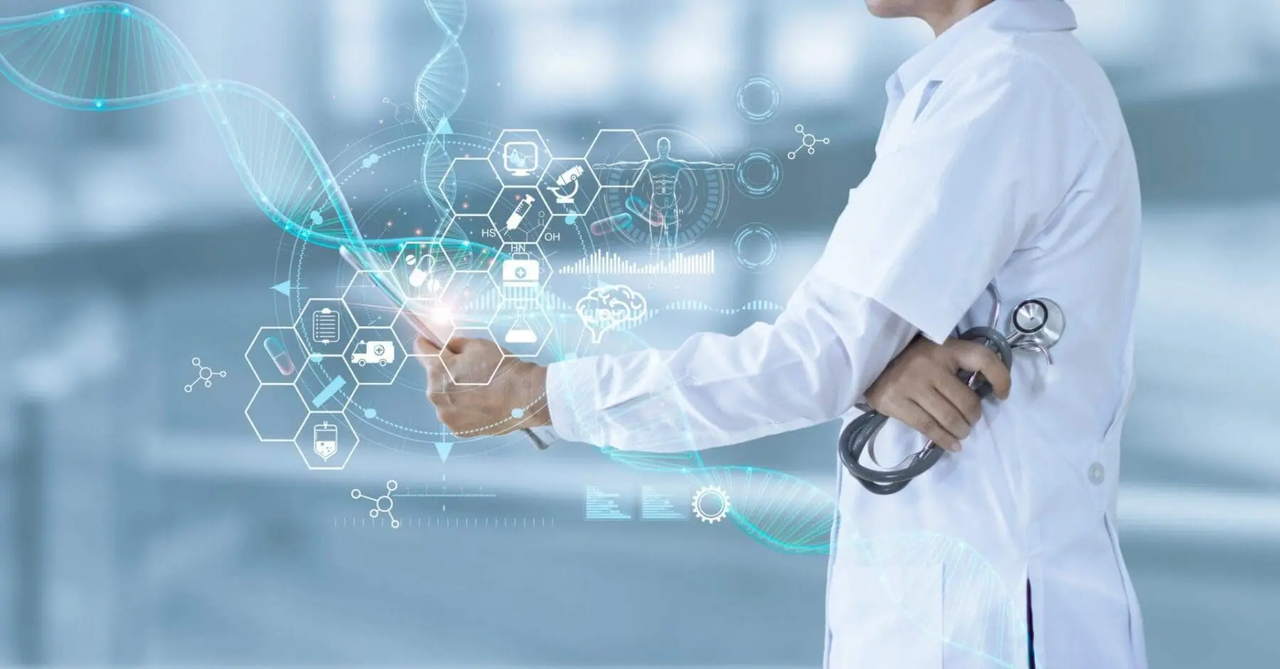 Adherent (formerly Compliance & Risks). A doctor in a white lab coat holds a stethoscope and interacts with a glowing holographic display featuring various medical and scientific icons.