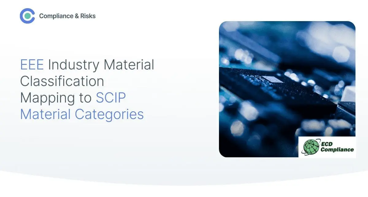Adherent (formerly Compliance & Risks). Graphic titled "EEE Industry Material Classification Mapping to SCIP Material Categories" with a close-up of a blue circuit board.
