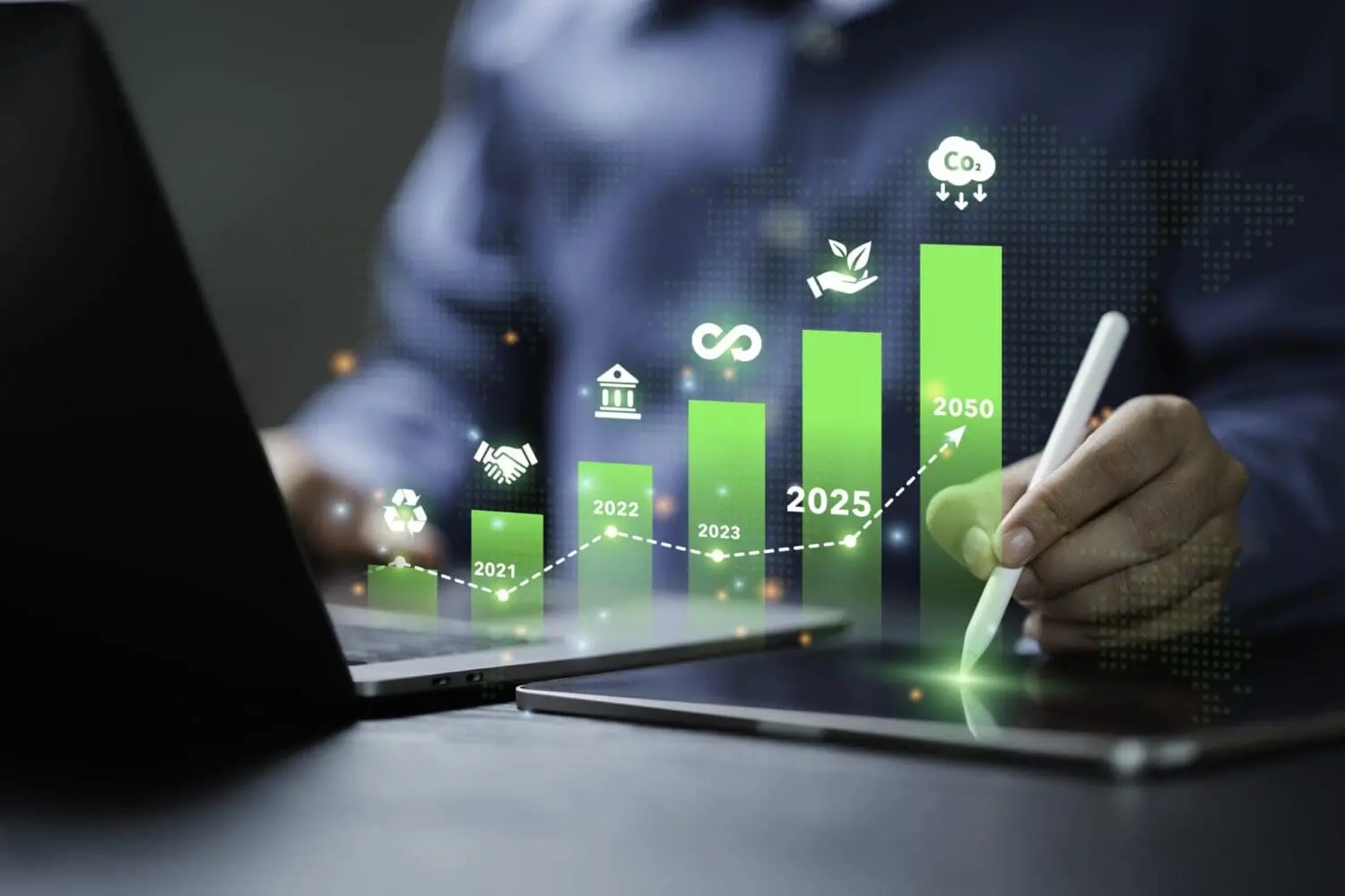 Adherent (formerly Compliance & Risks). A person uses a stylus to interact with a holographic green bar chart showing sustainability goals from 2021 to 2050, with icons representing recycling, partnerships, finance, circular economy, plant growth, and CO2 reduction.