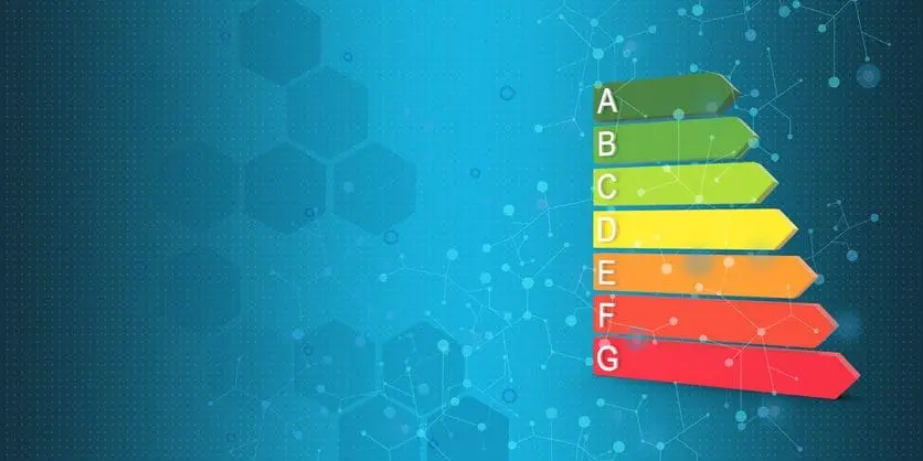 Adherent (formerly Compliance & Risks). An energy efficiency rating scale with seven colored arrow-shaped bars labeled A through G, from green to red, on a blue background with hexagonal and network patterns.