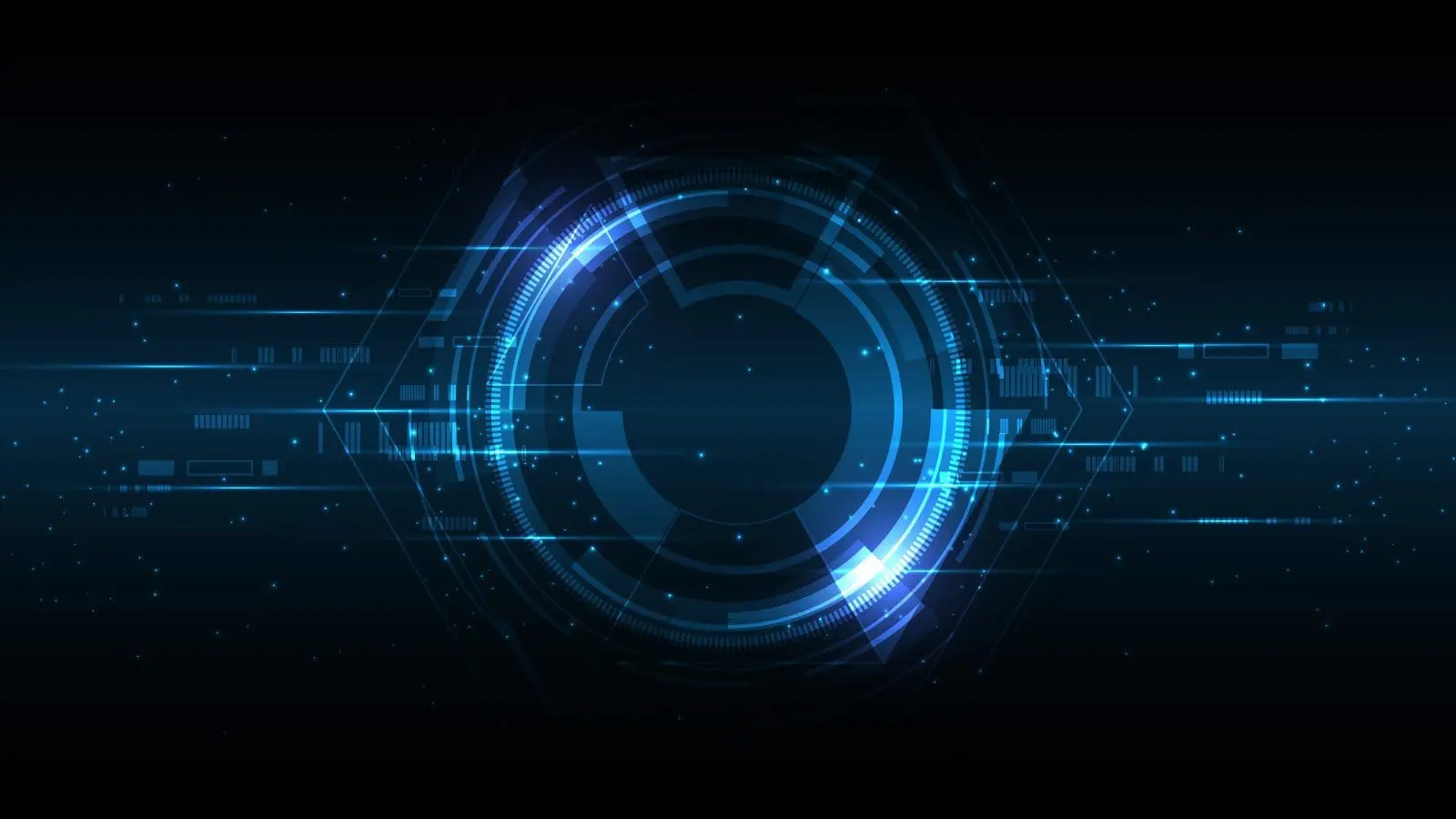 Adherent (formerly Compliance & Risks). Abstract digital background with a glowing blue circular interface at the center, surrounded by horizontal lines, geometric shapes, and sparkling blue dots on a dark blue and black gradient.