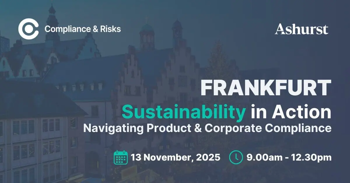 Adherent (formerly Compliance & Risks). Promotional graphic for an event titled 'FRANKFURT Sustainability in Action' by Compliance & Risks and Ashurst, scheduled for November 13, 2025, from 9:00 am to 12:30 pm.
