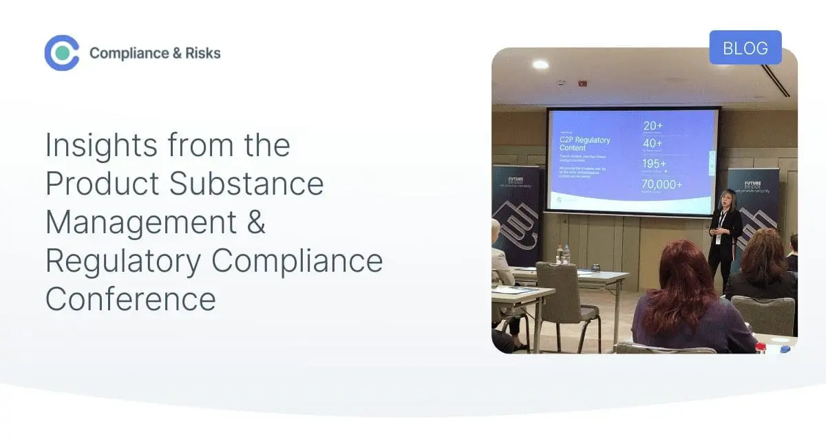 Adherent (formerly Compliance & Risks). A conference scene with a presenter in front of a screen showing 'C2P Regulatory Content' data, alongside text overlay 'Insights from the Product Substance Management & Regulatory Compliance Conference' and 'Compliance & Risks' logo.