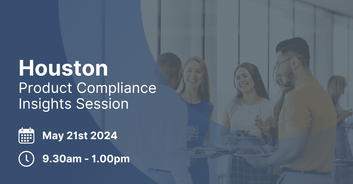 Adherent (formerly Compliance & Risks). Promotional graphic for a 'Houston Product Compliance Insights Session' event. The text displays the date 'May 21st 2024' and time '9.30am - 1.00pm'. The background shows blurred images of people networking.