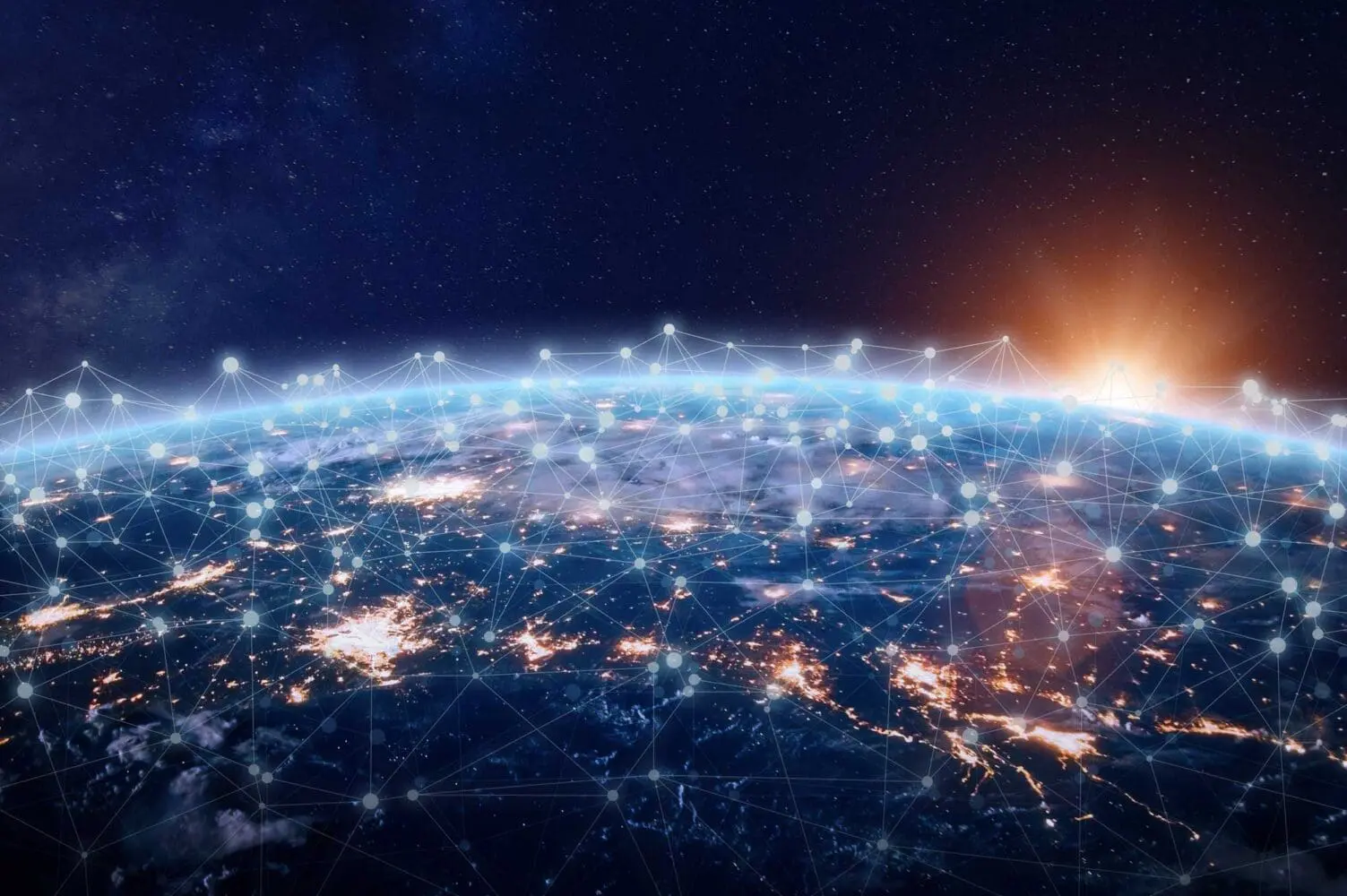 Adherent (formerly Compliance & Risks). Earth from space at night with city lights, overlaid with a glowing digital network of interconnected nodes and lines. A sunrise or sunset is visible on the horizon, and stars fill the dark sky.